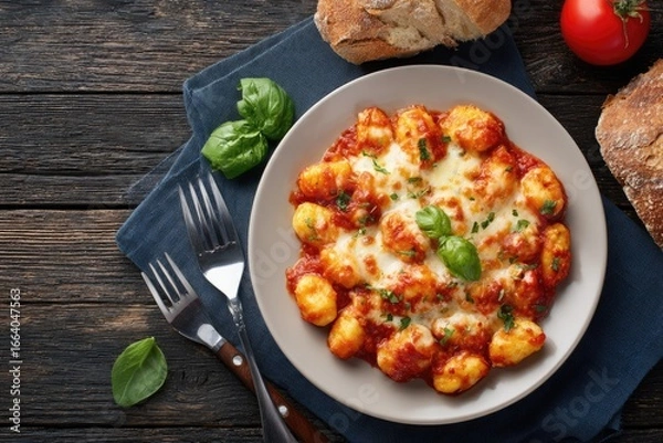 Obraz Creamy, cheesy gnocchi in a rich tomato sauce, garnished with fresh basil and melted mozzarella, served on a plate, with crusty bread and a ripe tomato in the background, on a dark wooden table