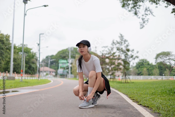 Fototapeta Young sportswoman tying shoelaces while listening music with headphones in the park