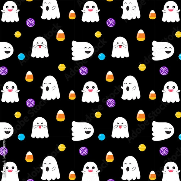 Fototapeta Happy halloween seamless pattern.Playful monsters repeat pattern with candy on black background.Cute funny little ghost, boo, spooky vector wallpaper.