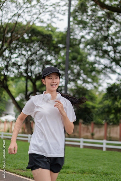Fototapeta Young asian woman running in a park listening music with headphones