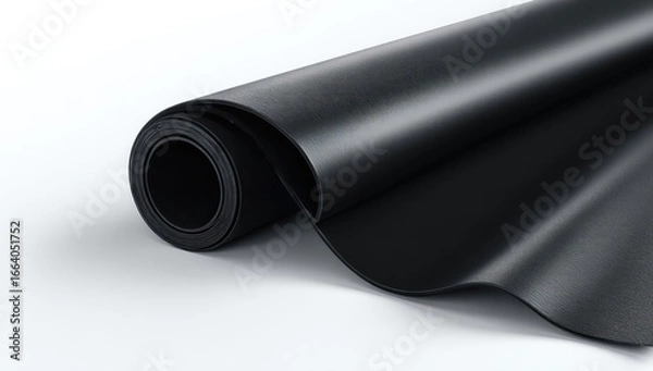 Obraz A rolled-up dark sheet of flexible, matte material, partially unfurled, showing a slight wave and a cylindrical core, against a bright white backdrop