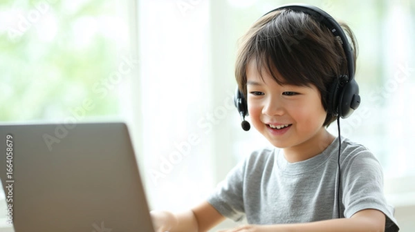 Obraz 明るい室内で、ヘッドセットをつけた小学生くらいの日本人の男の子が、笑顔でノートパソコンを操作している様子。背景は窓からの光で白くぼけており、清潔感がある。オンライン授業や学習をイメージさせる、親しみやすい雰囲気