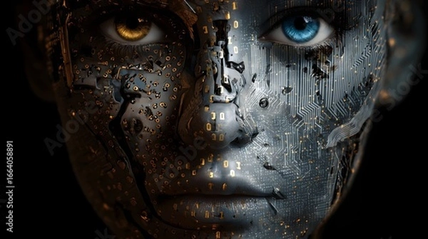 Fototapeta A woman's face is made of computer chips and wires. The blue eyes are glowing and the face is surrounded by a black background. The image conveys a futuristic and technological mood