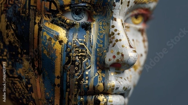 Fototapeta A woman's face is made of computer chips and wires. The blue eyes are glowing and the face is surrounded by a black background. The image conveys a futuristic and technological mood