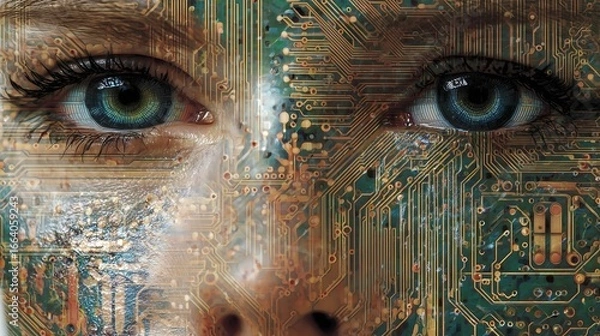 Fototapeta A woman's face is made of computer chips and wires. The blue eyes are glowing and the face is surrounded by a black background. The image conveys a futuristic and technological mood