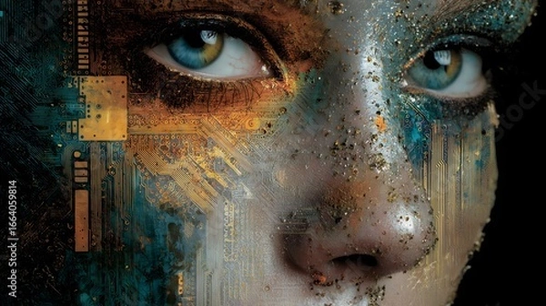 Fototapeta A woman's face is made of computer chips and wires. The blue eyes are glowing and the face is surrounded by a black background. The image conveys a futuristic and technological mood