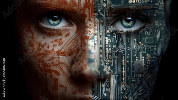 Fototapeta A woman's face is made of computer chips and wires. The blue eyes are glowing and the face is surrounded by a black background. The image conveys a futuristic and technological mood