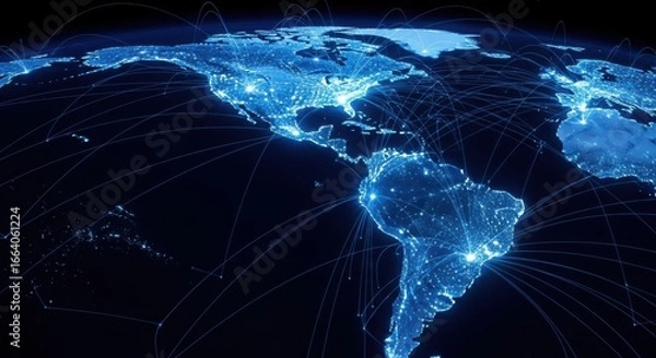 Fototapeta A glowing blue network of light connects cities across the earth, illustrating global communication and data flow
