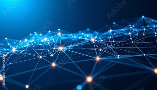 Obraz Abstract digital network visualization with interconnected nodes and glowing lines on blue background.