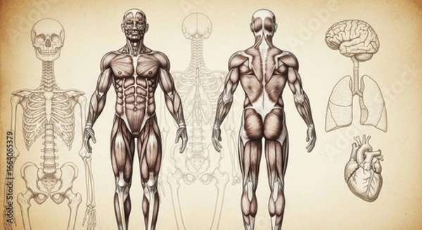 Fototapeta A vintage anatomical illustration showcases the human skeleton and muscular system, providing a detailed view of the bodys intricate structure