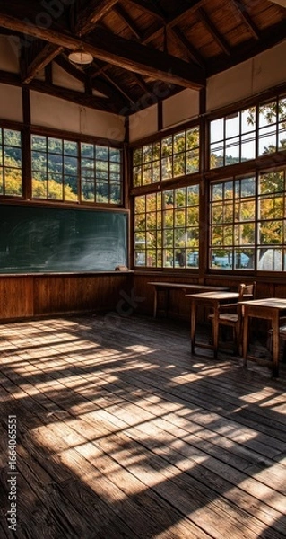 Obraz Sunlight streams into a rustic wooden classroom