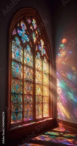 Obraz Stained glass window, sunlight streams through, vibrant colors