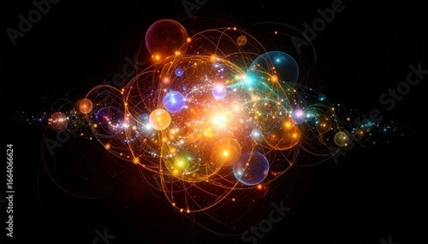 Obraz An abstract visualization of atomic structure with glowing particles and orbiting elements on a black background.