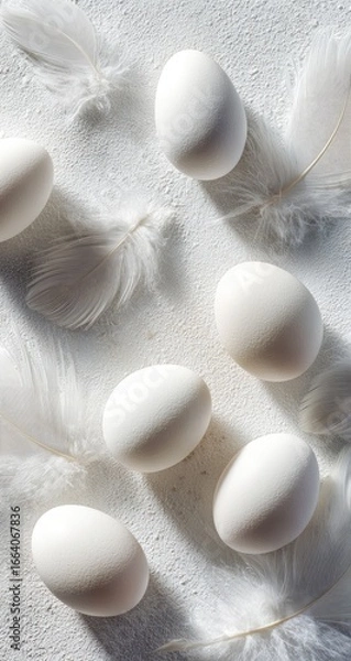 Obraz White eggs and feathers on a light surface (1)