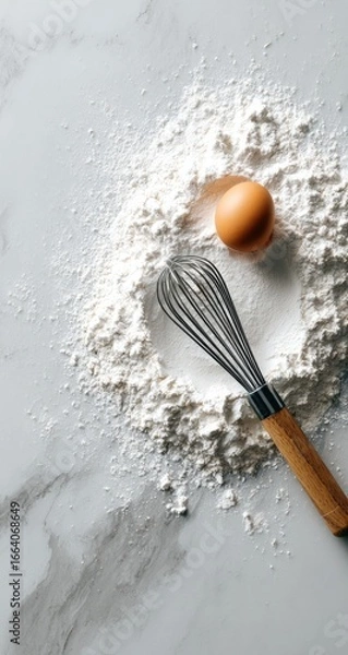 Obraz Flour, egg, whisk on marble (1)