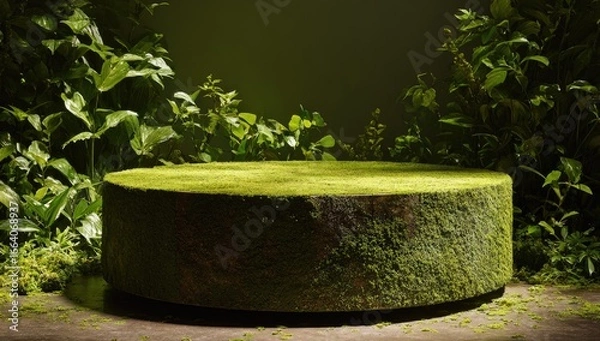 Obraz Circular mossy stone pedestal surrounded by lush greenery