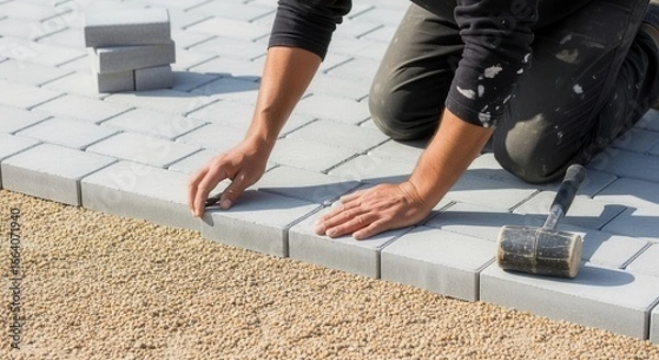 Fototapeta A construction worker kneels and carefully places a gray paver stone into a new patio or pathway, with a rubber mallet nearby