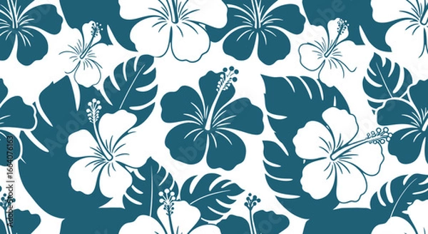 Obraz Teal and white hibiscus flower vector seamless pattern, perfect for summer fashion, Hawaiian design, or tropical backgrounds.  High-resolution PNG for easy download and versatile use in various