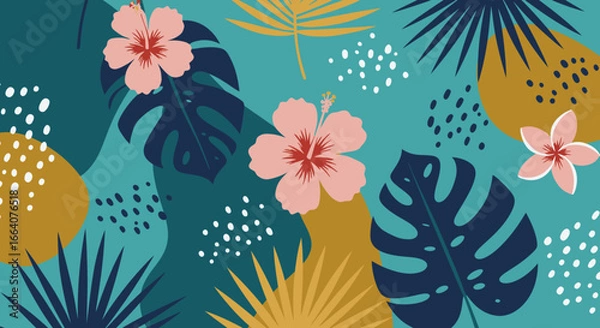 Fototapeta Vibrant vector graphic featuring hibiscus flowers and monstera leaves in a tropical pattern, ideal for summer designs and backgrounds, evoking a fresh, exotic vibe.
