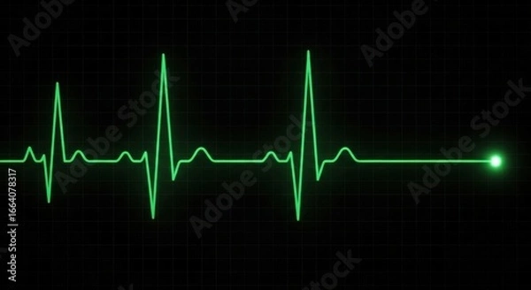 Fototapeta A green ekg signal on a black screen, symbolizing heart health, medical diagnostics, and the delicate balance between life and death