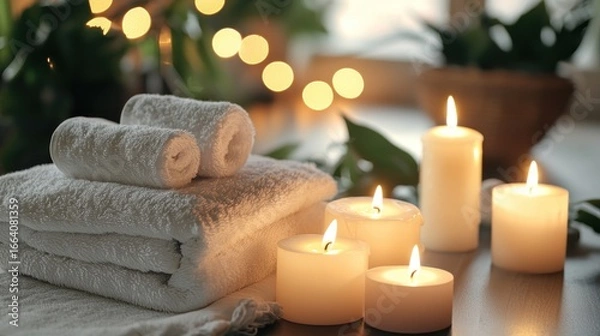 Fototapeta A serene spa setting with white towels, candles, and green plants in the background.