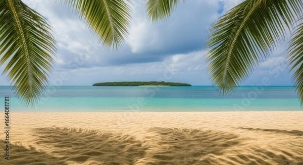 Fototapeta A tropical beach with palm trees frames a distant island, creating a serene and inviting vacation scene