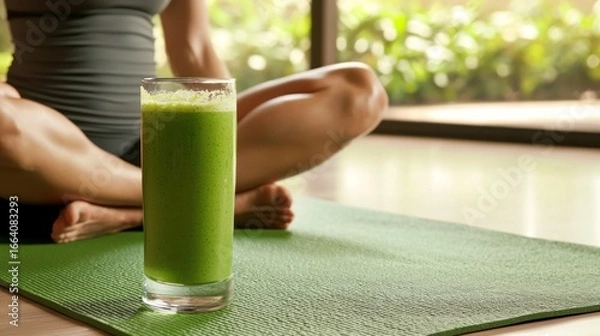 Fototapeta A person meditating on a green yoga mat with a glass of green smoothie in front of them.