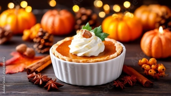 Obraz A delightful pumpkin pie topped with whipped cream, surrounded by autumn decor including pumpkins, cinnamon sticks, and festive lights.