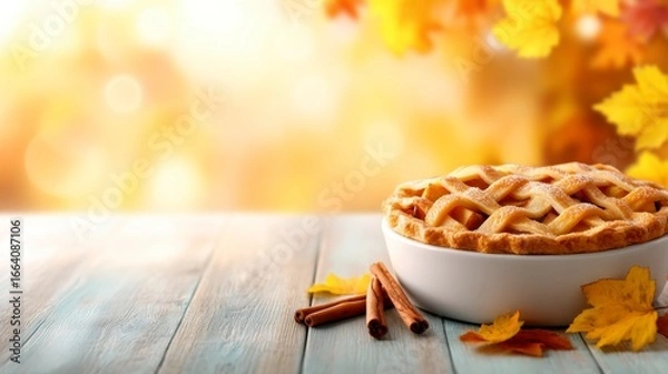 Fototapeta A warm autumn scene featuring a delicious apple pie surrounded by colorful leaves and cinnamon sticks, evoking cozy fall feelings.