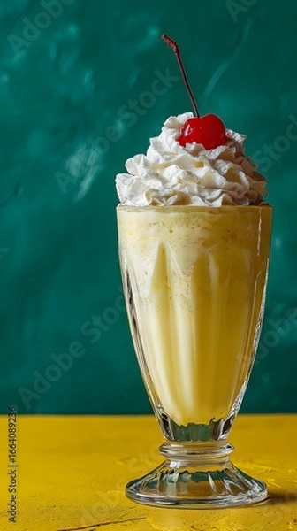 Fototapeta Milkshake with a Cherry on a Contrasting Background