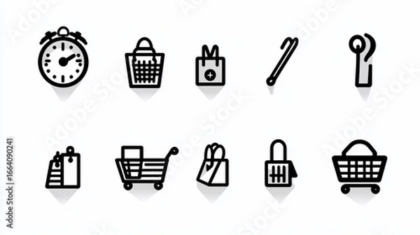Fototapeta A collection of ten simple shopping icons clock, bags, cart, hook, and basket
