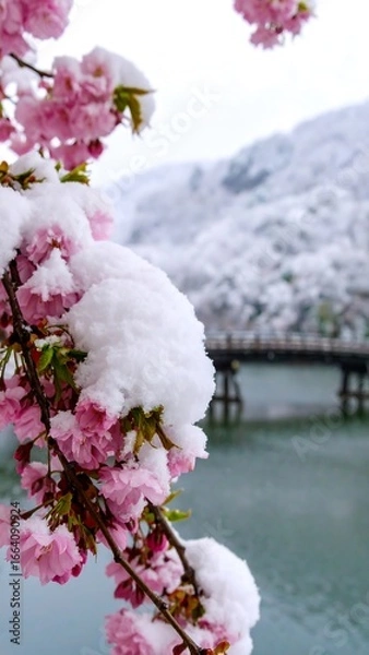 Fototapeta Pink blossoms, snow-covered branches, and a tranquil mountain lake scene