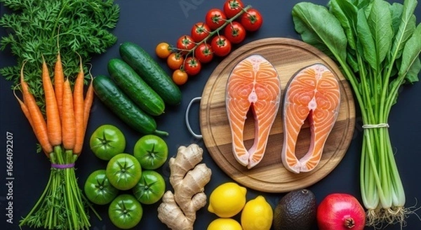 Fototapeta A vibrant arrangement of fresh salmon steaks, carrots, cucumbers, tomatoes, and other vegetables on a dark surface, showcasing healthy and nutritious food choices