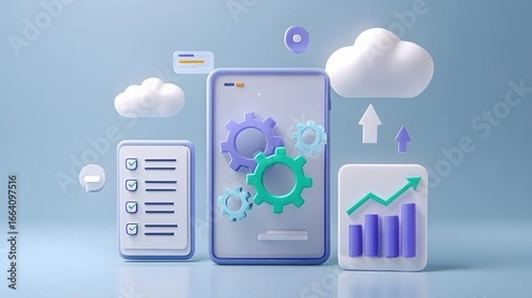 Obraz 3d mobile app icons representing data analysis and cloud computing