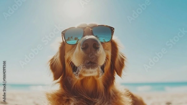 Fototapeta A golden retriever wearing sunglasses smiles widely on a sunny beach day