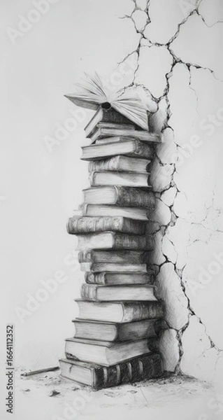 Fototapeta A tall stack of aged books, topped with an open book, stands against a cracked wall, suggesting fragility and the endurance of knowledge