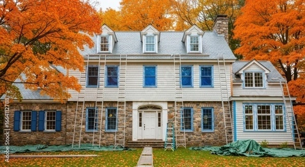 Fototapeta A house undergoing renovation in the autumn season, surrounded by colorful trees and ladders for exterior work