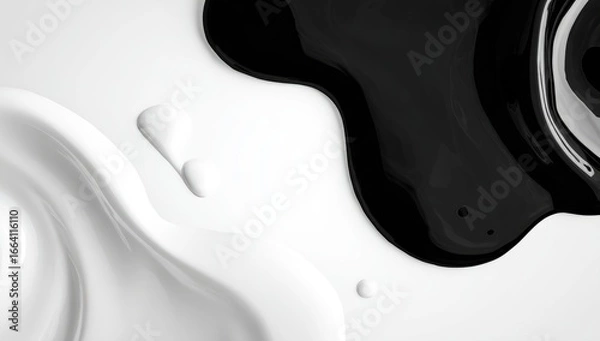 Fototapeta Abstract close-up of glossy black and white liquid, swirling and pooling in contrasting shapes on a smooth surface; creates a dynamic yin-yang effect