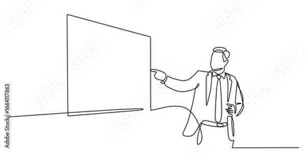 Fototapeta Continuous Line Drawing of a Businessman Pointing at a Screen during a Meeting