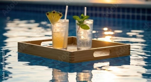 Fototapeta Two refreshing beverages float on a wooden tray in a swimming pool during sunset