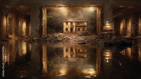 Fototapeta Abandoned Art Gallery with Water Reflection and Ruined Structure