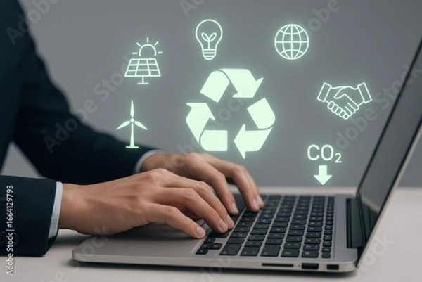Fototapeta Sustainable Business Practices: Man Typing on Laptop with Environmental Icons, Representing Green Solutions and Corporate Responsibility
