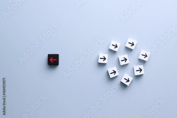 Obraz Individuality and Nonconformity Concept: A Single Black Cube Against the Grain, Challenging Direction and Embracing Uniqueness