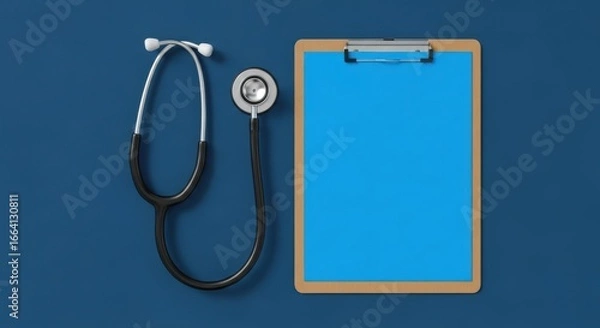 Fototapeta A stethoscope rests beside a blank clipboard, symbolizing medical examinations and healthcare documentation on a blue background