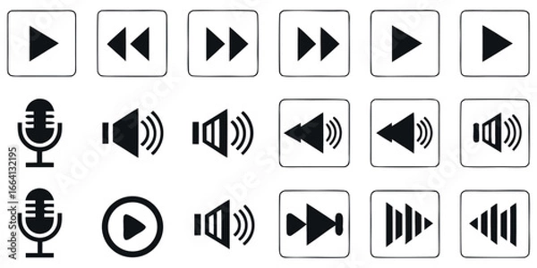 Fototapeta Essential media playback icons featuring play, pause, rewind, fast forward, volume, and microphone symbols for digital interfaces.