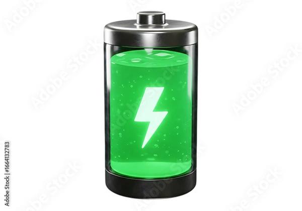 Fototapeta Green battery power indicator with lightning bolt isolated on transparent background