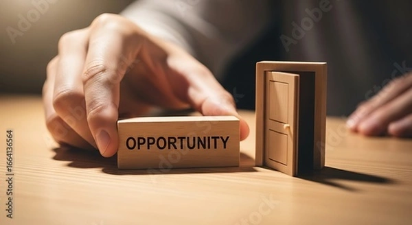 Fototapeta A hand positions a wooden block labeled "opportunity" near a miniature open door, symbolizing the concept of finding and seizing opportunities.