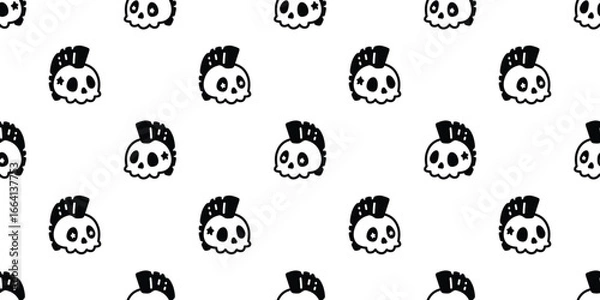 Fototapeta skull seamless pattern Halloween punk star mohawk hairstyle ghost spooky crossbones vector cartoon doodle gift wrapping paper tile background repeat wallpaper scarf isolated devil evil illustration de