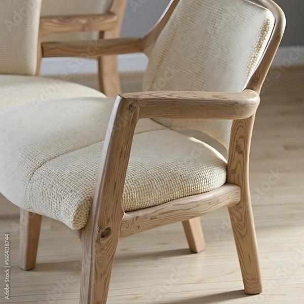 Obraz Close-up of Neutral Armchair with Wooden Frame and Woven Upholstery