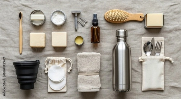Fototapeta Sustainable Travel Essentials: A Knolling Flat Lay of Reusable Personal Care Items